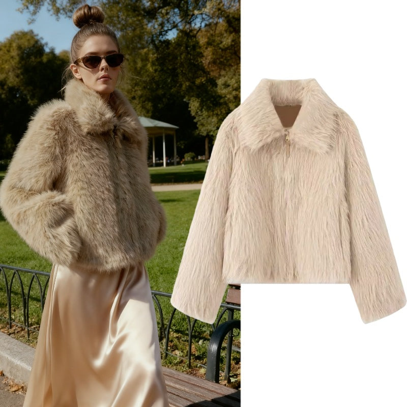 Women Short Faux Fur Cropped Jacket with Voluminous Shawl Collar and Front Zipper Mune Fashion