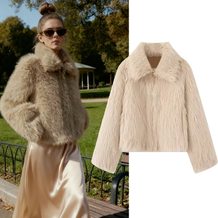 Women Short Faux Fur Cropped Jacket with Voluminous Shawl Collar and Front Zipper Mune Fashion