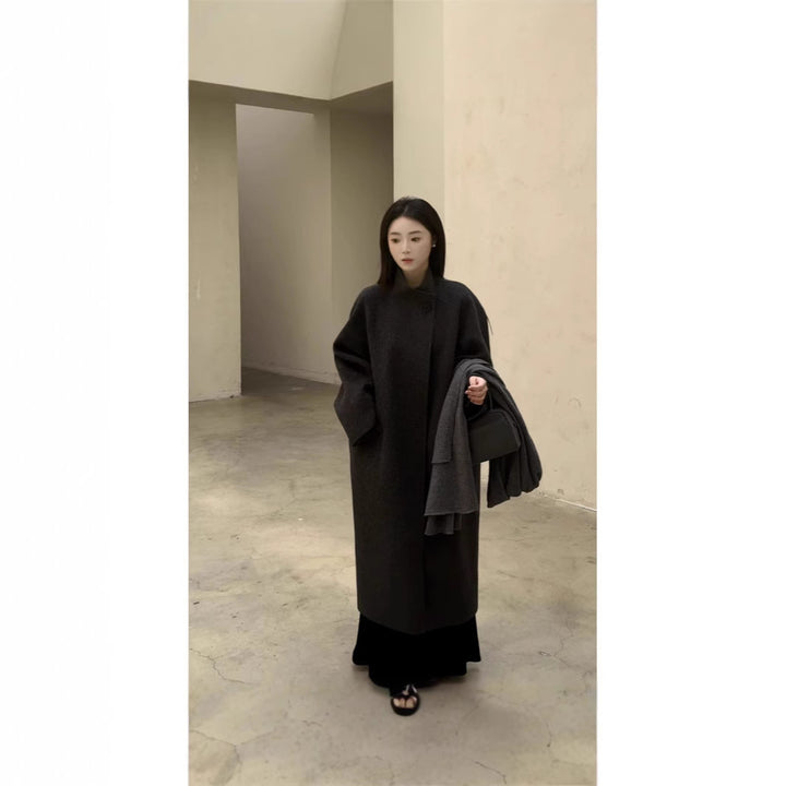 Women's Oversized Wool Coat with Stand Collar and Single-Button Closure Mune Fashion