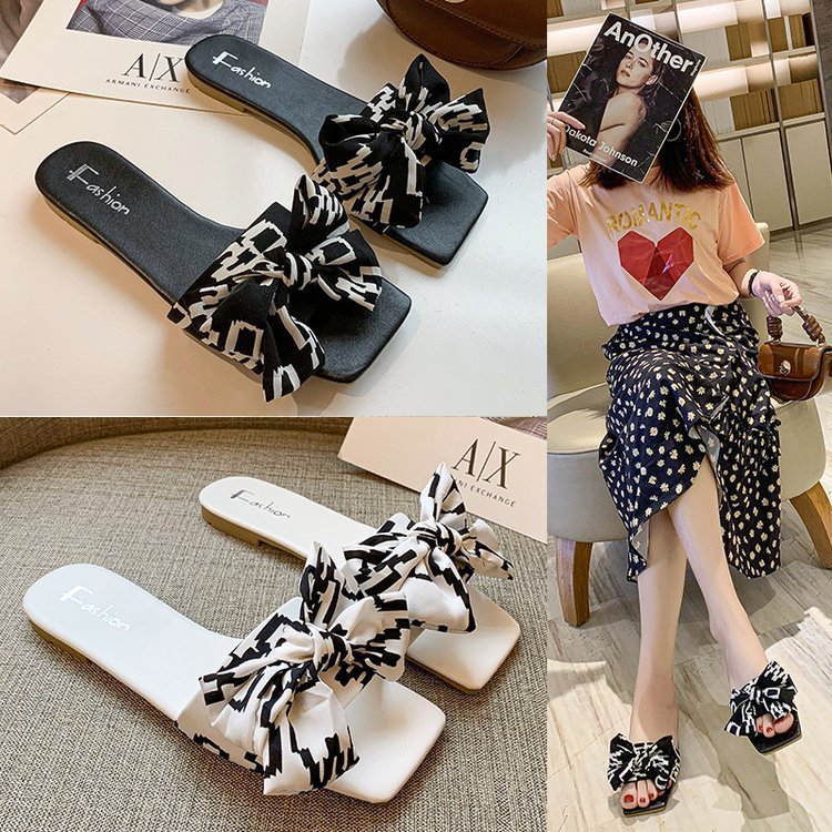 Women's Flat Strap Slides with Large Fabric Knot and Square Toe Party Mune Fashion