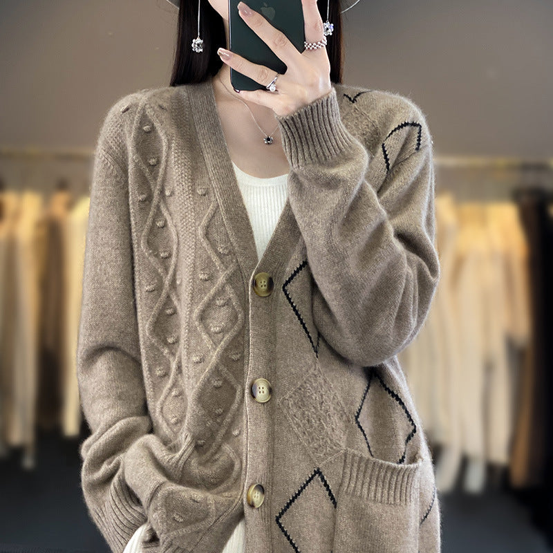 Ladies Cozy Oversized Cardigan with Openwork and Diamond Detail Mune Fashion