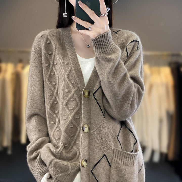 Ladies Cozy Oversized Cardigan with Openwork and Diamond Detail Mune Fashion