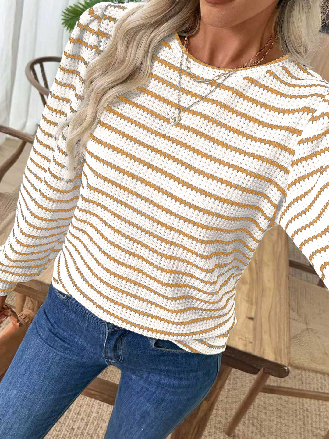 Women's Striped Fine Knit Long Sleeve with Structured Knit and Round Neckline Mune Fashion