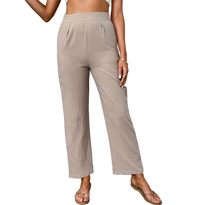 Women's Lightweight Linen Look Trousers with High Waist and Straight Leg Mune Fashion