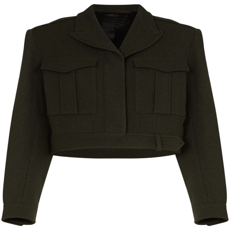 Women's short jacket in military tailoring made from wool blend with patch pockets and belted waist Mune Fashion