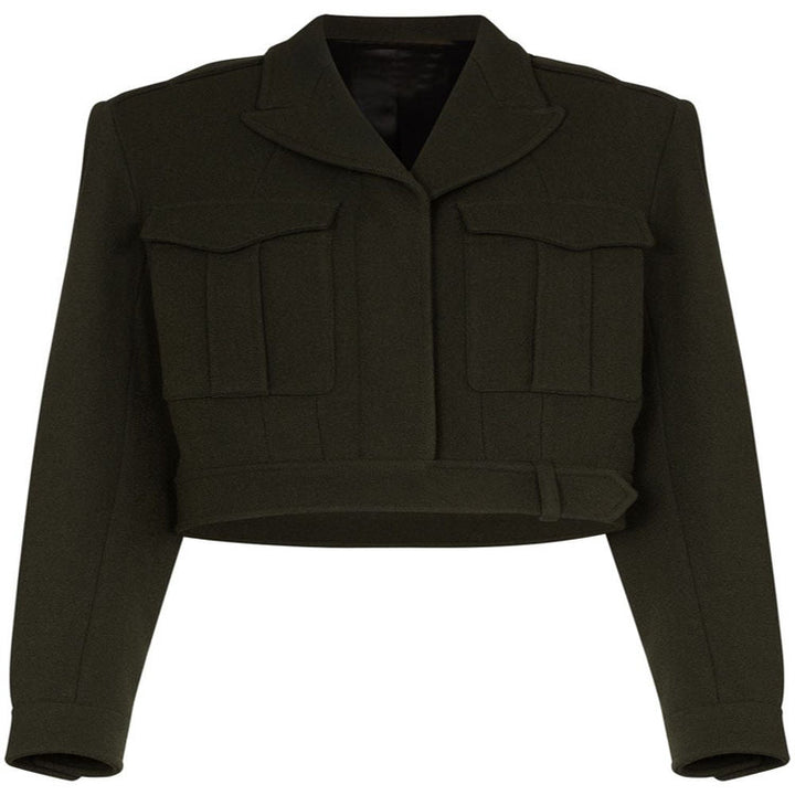 Women's short jacket in military tailoring made from wool blend with patch pockets and belted waist Mune Fashion