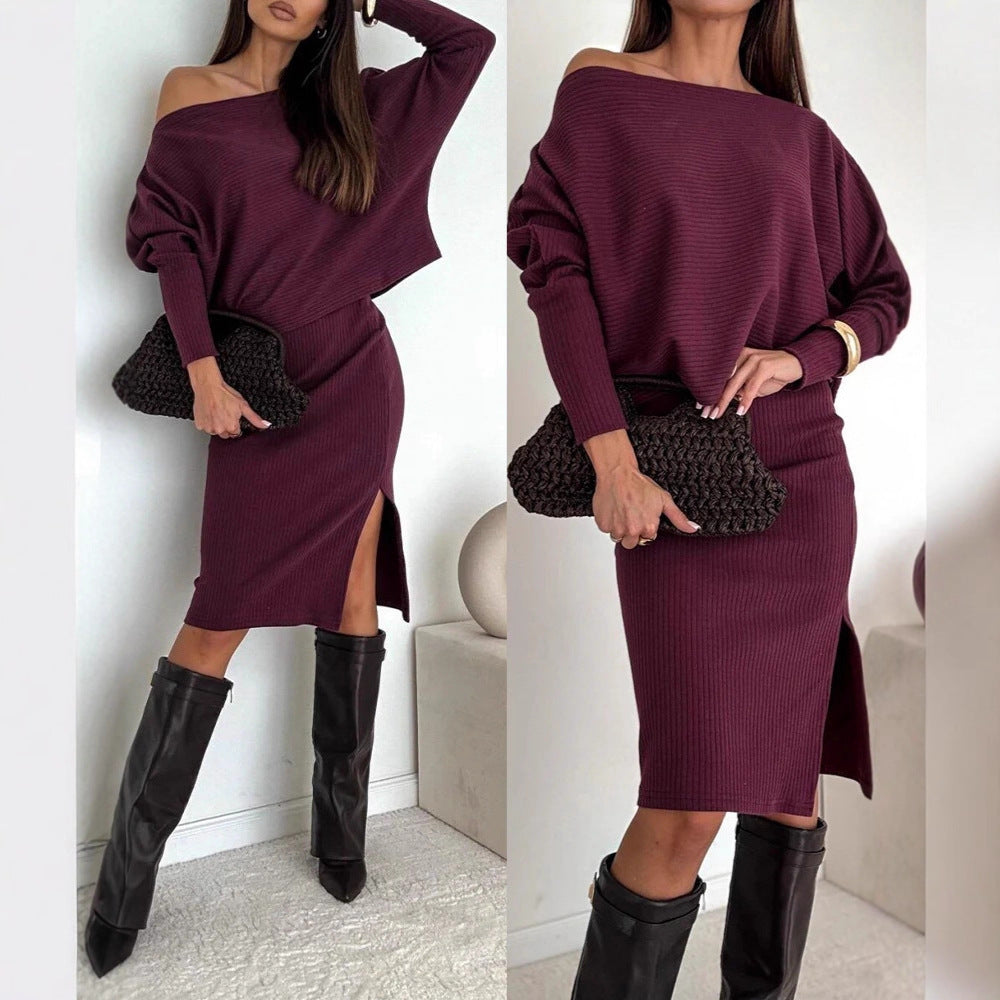 Women's Reversible Ribbed Knit Set with Off-Shoulder Oversized Sweater and Tailored Midi Skirt with Side Slit Drune