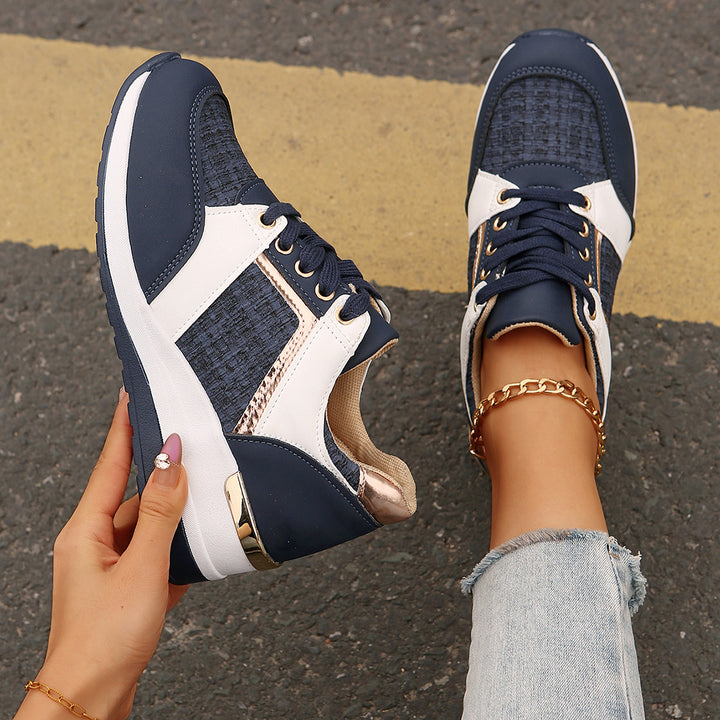 Women's sporty wedge sneakers with textured knit mix padded comfort insole and gold accents Mune Fashion