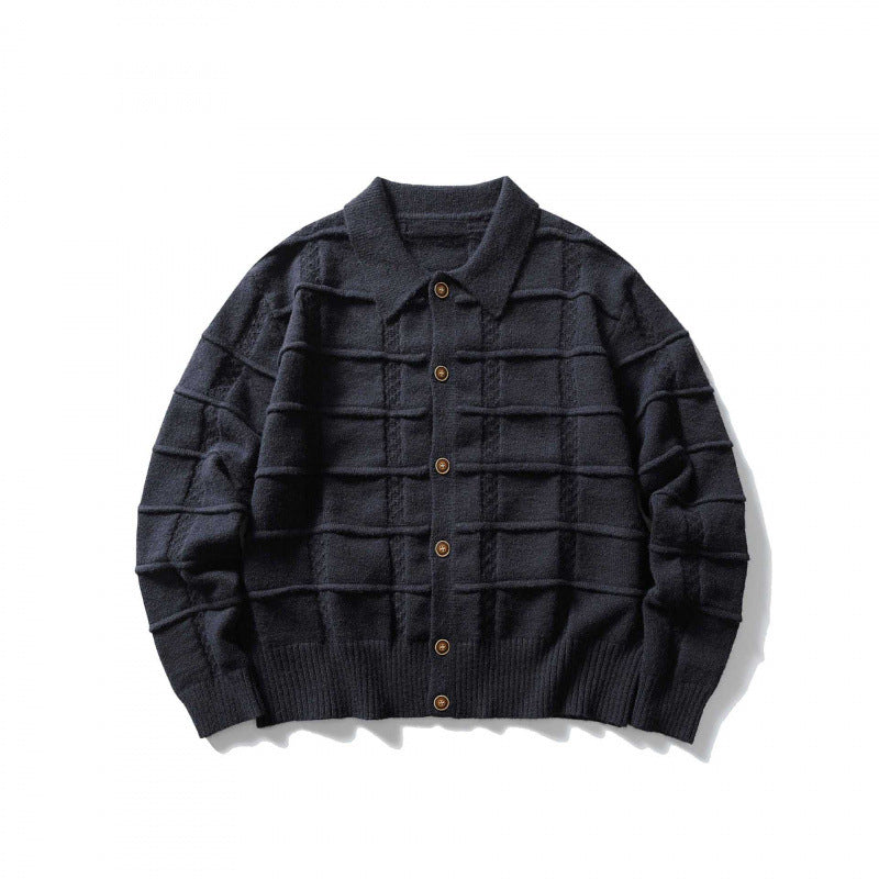 Unisex Boxy Cardigan with Shirt Collar and Structured Check Pattern Mune Fashion