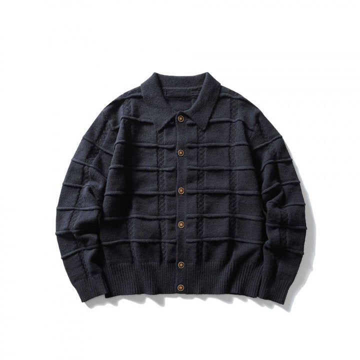 Unisex Boxy Cardigan with Shirt Collar and Structured Check Pattern Mune Fashion