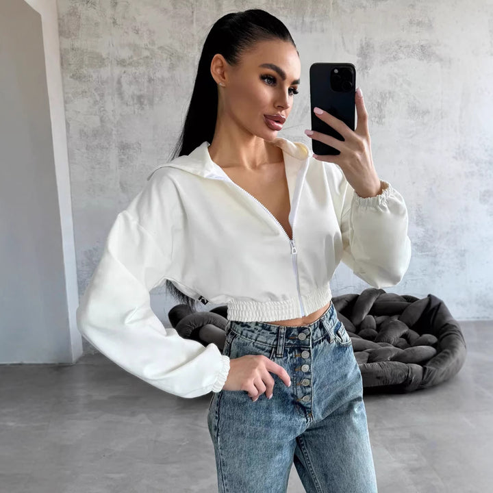 Women Short Zip-Up Hoodie with Elastic Hem and Casual Fit Mune Fashion