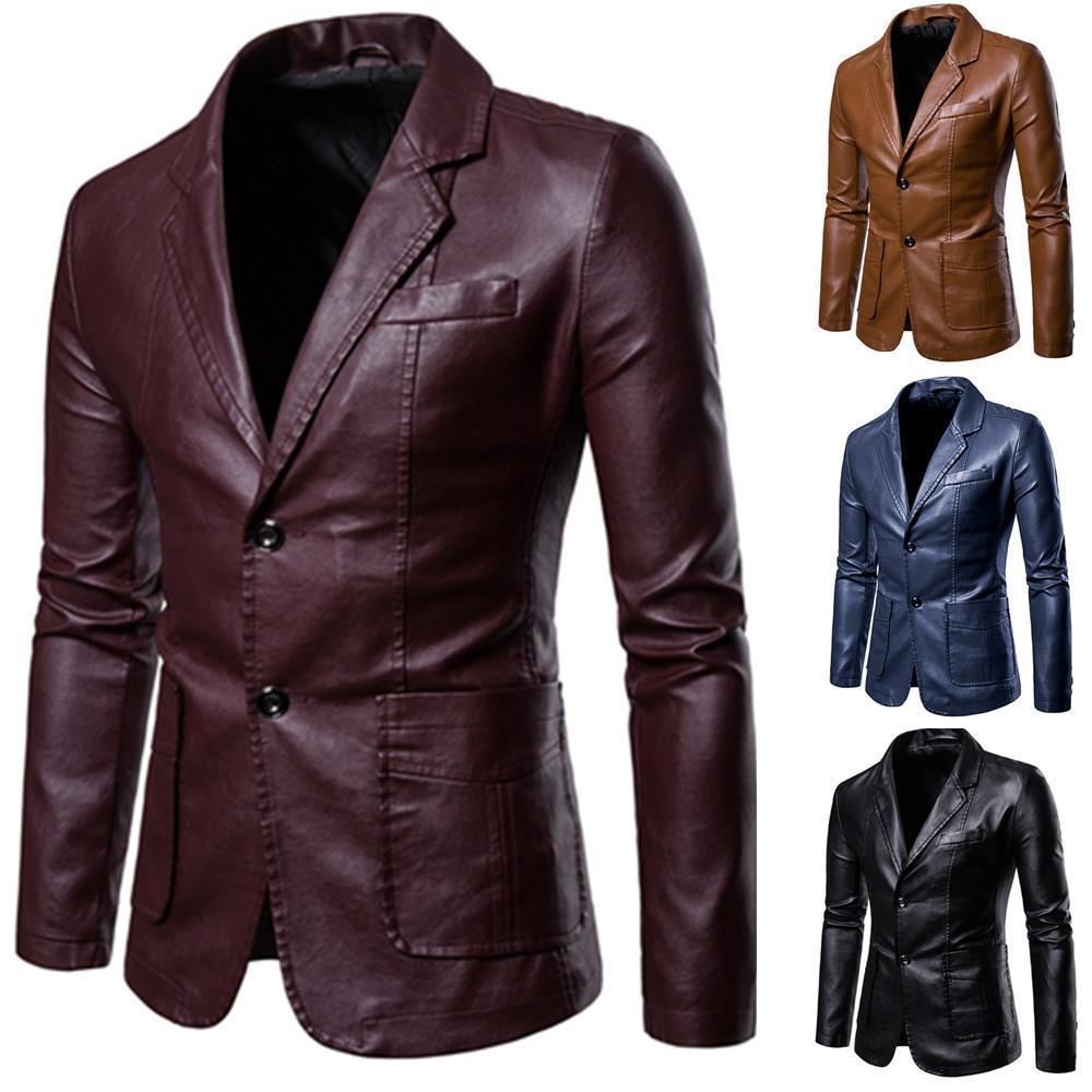 Men's slim leather blazer with lapel collar and patch pockets Mune Fashion