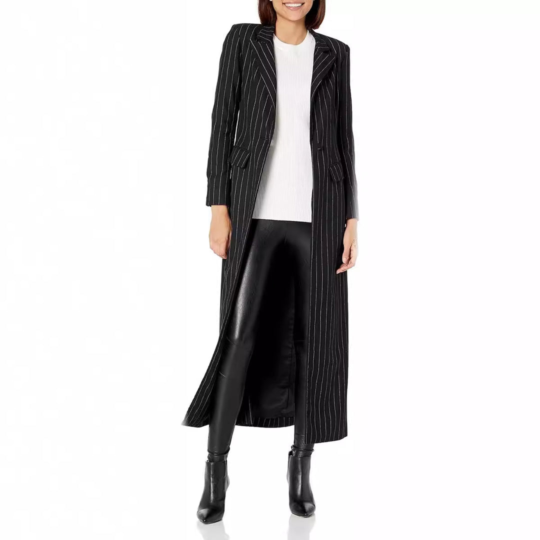 Women's Longline Blazer Coat with Pinstripes, Tailored Silhouette and Flap Pockets Mune Fashion
