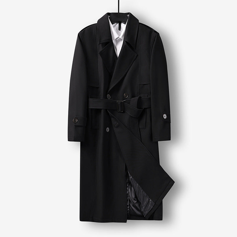 Men's Midi Length Double Breasted Trench Coat with Waist Belt, Notched Lapel and Checked Lining Mune Fashion