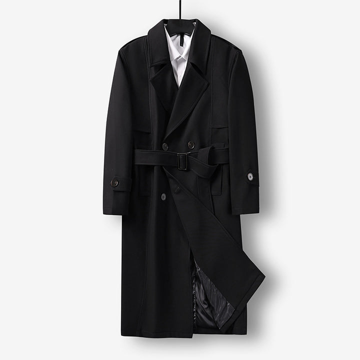 Men's Midi Length Double Breasted Trench Coat with Waist Belt, Notched Lapel and Checked Lining Mune Fashion