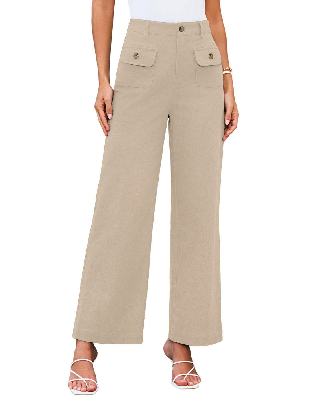 Women's High-Waist Wide-Leg Trousers with Button-Flap Patch Pockets Mune Fashion