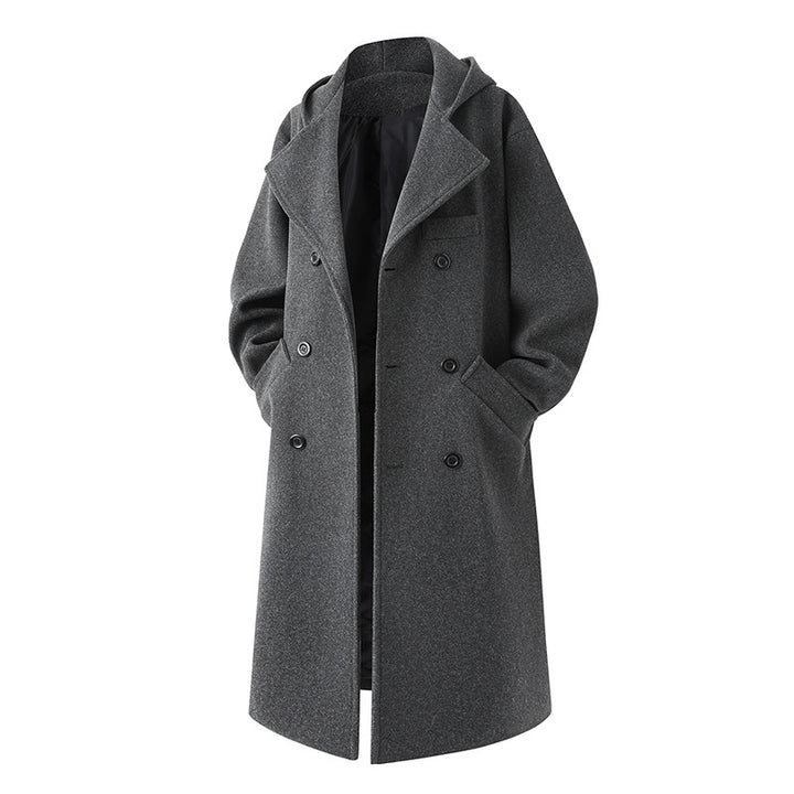 Men's nan Oversize pea coat with hood, double-breasted button placket, and warming quilted lining inside Mune Fashion