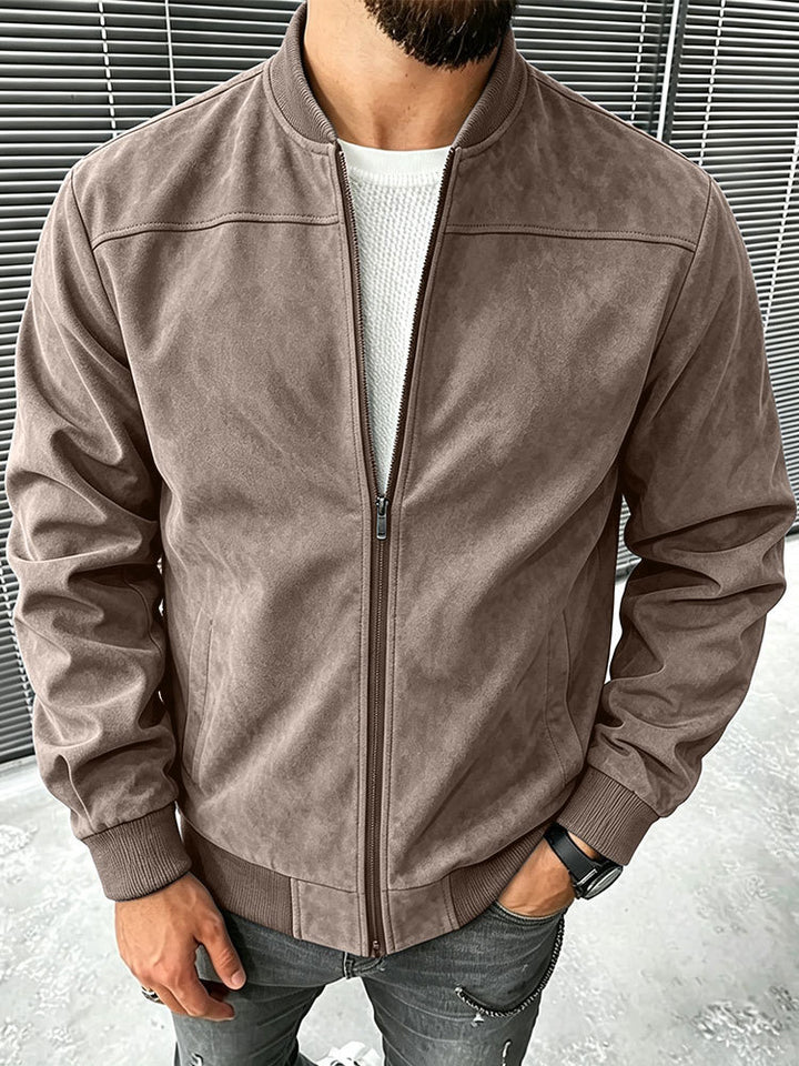 Men's Suede-Like Bomber Jacket with Zipper and Ribbed Cuffs Mune Fashion