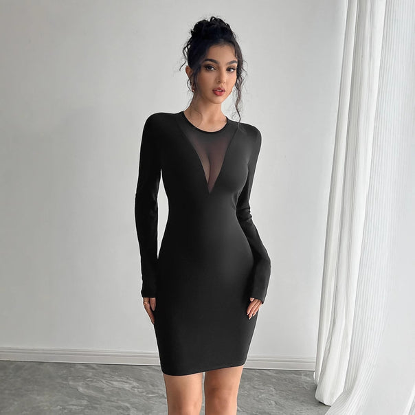 Women nan fitted pencil dress with transparent V-insert and round neckline Mune Fashion