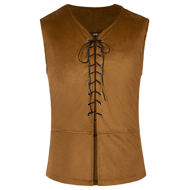 Men's sleeveless vintage linen shirt with chest lacing and stand-up collar Mune Fashion