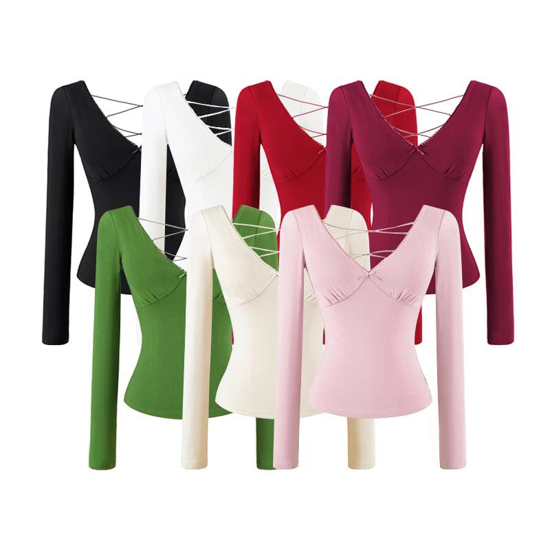 Women's Figure-Hugging Long Sleeve Top with Deep V-Neck, Crossed Spaghetti Straps and Lace Edge