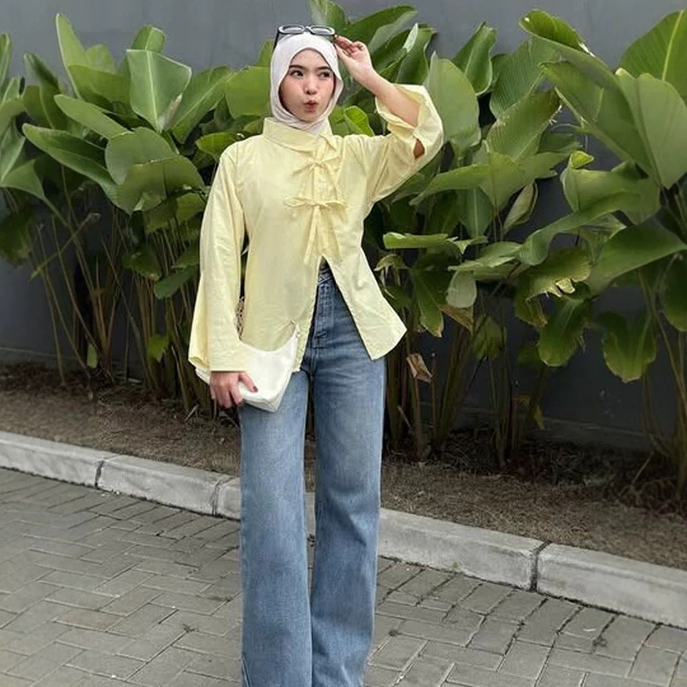 Women’s Stand Collar Tunic with Ties & Asymmetric A-Line Mune Fashion