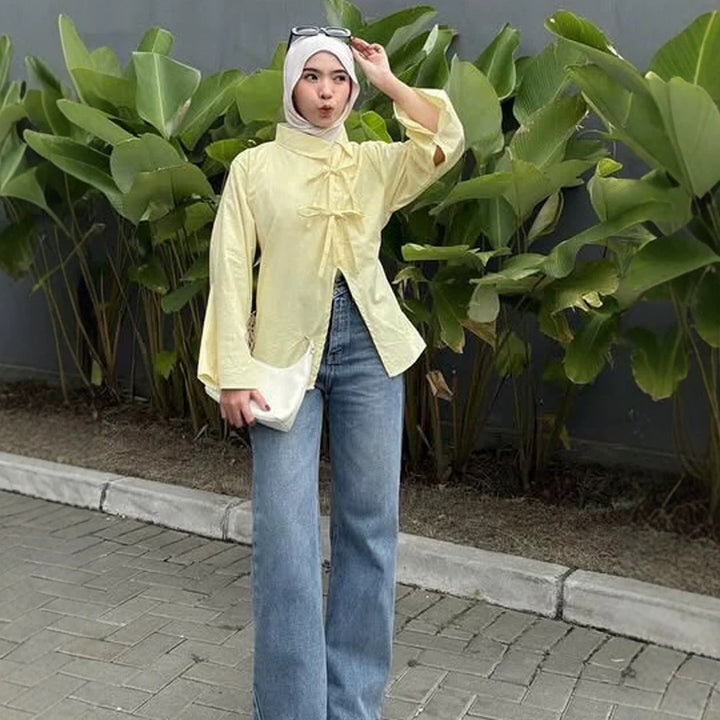 Women’s Stand Collar Tunic with Ties & Asymmetric A-Line Mune Fashion