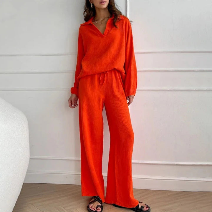Women's Lightweight Crinkle Lounge Set with V-Neck and Wide High-Waist Pants Mune Fashion
