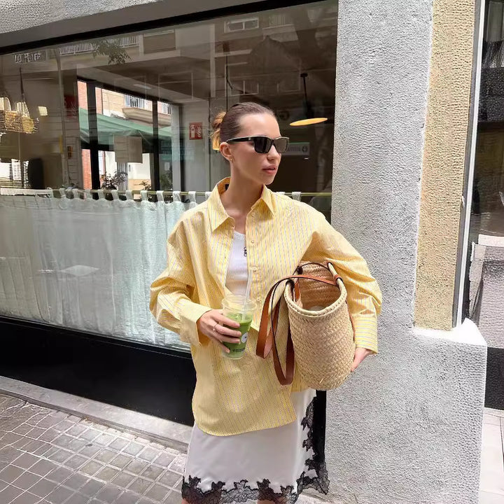 Women's oversized shirt blouse with fine stripes, classic collar and rounded hem Mune Fashion