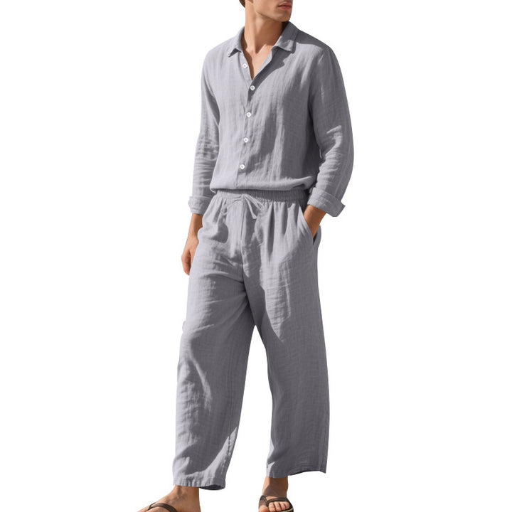 Men's relaxed linen set with open shirt collar and loose drawstring pants Mune Fashion