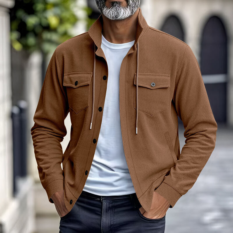 Men's functional cord shirt jacket with high stand collar, drawstring, and patch pockets Mune Fashion