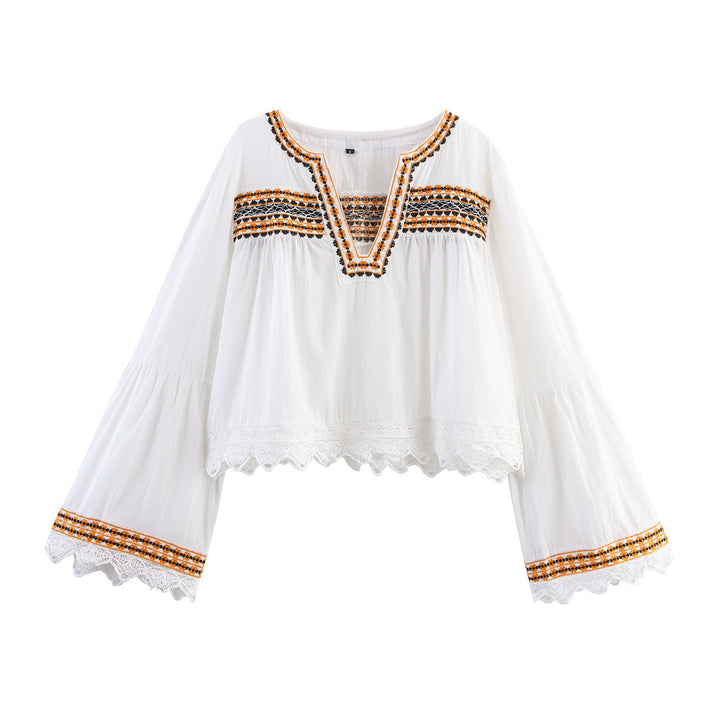 Women's Embroidered Boho Blouse with Wide Bell Sleeves and Lace Hem Mune Fashion