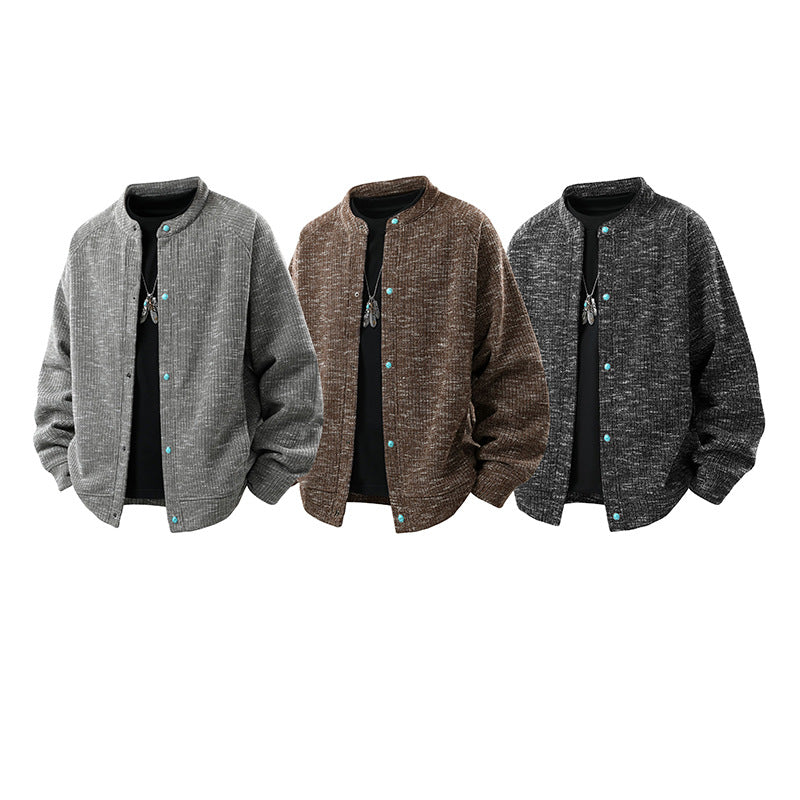 Men's Oversized Knit Bomber Jacket with Stand-Up Collar and Snap Closure Mune Fashion