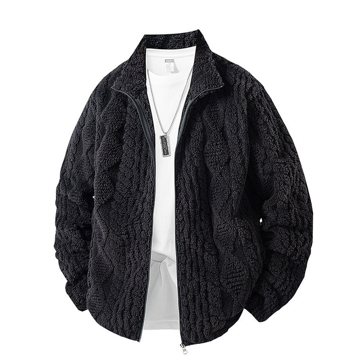 Men's waffle structure teddy fleece jacket in oversized with stand-up collar and continuous zipper Drune