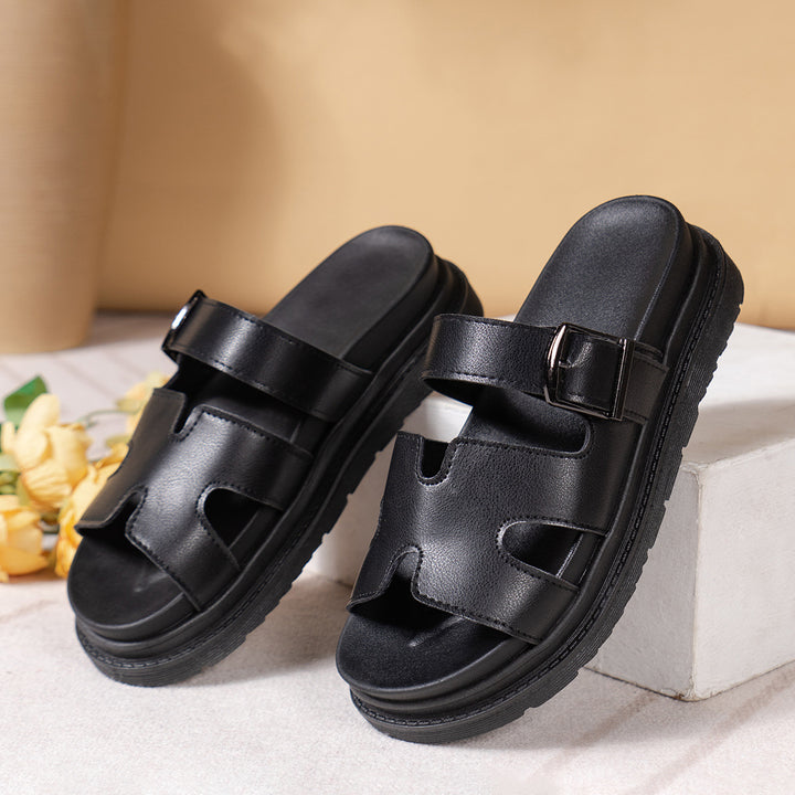 Women's fashionable platform slides with adjustable buckle and ergonomic comfort footbed Mune Fashion