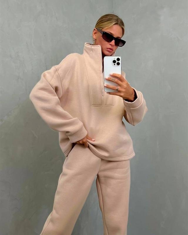 Women’s soft oversized half-zip loungewear set with high stand collar and fitted joggers Mune Fashion