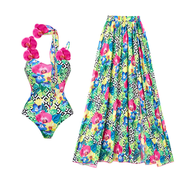Women Flower Pattern Swimsuit and Skirt Set Mune Fashion