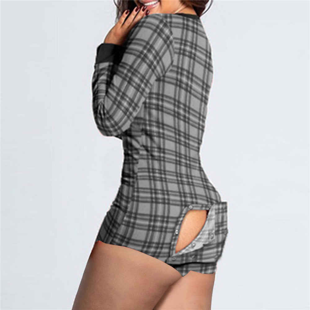 Women's Checked Long Sleeve Bodysuit with Practical Back Opening & Snap Closure Mune Fashion