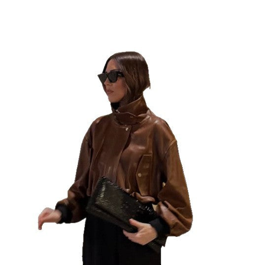 Women's short-cut leather blouse jacket with high stand-up collar and balloon sleeves Mune Fashion