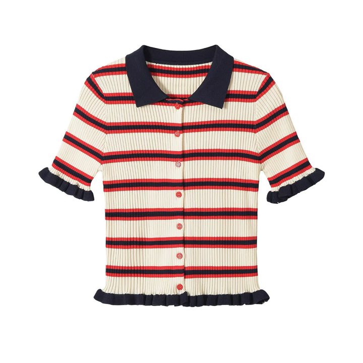 Women's Ribbed Short Sleeve Cardigan with Polo Collar, Button Placket, and Ruffle Edges Mune Fashion