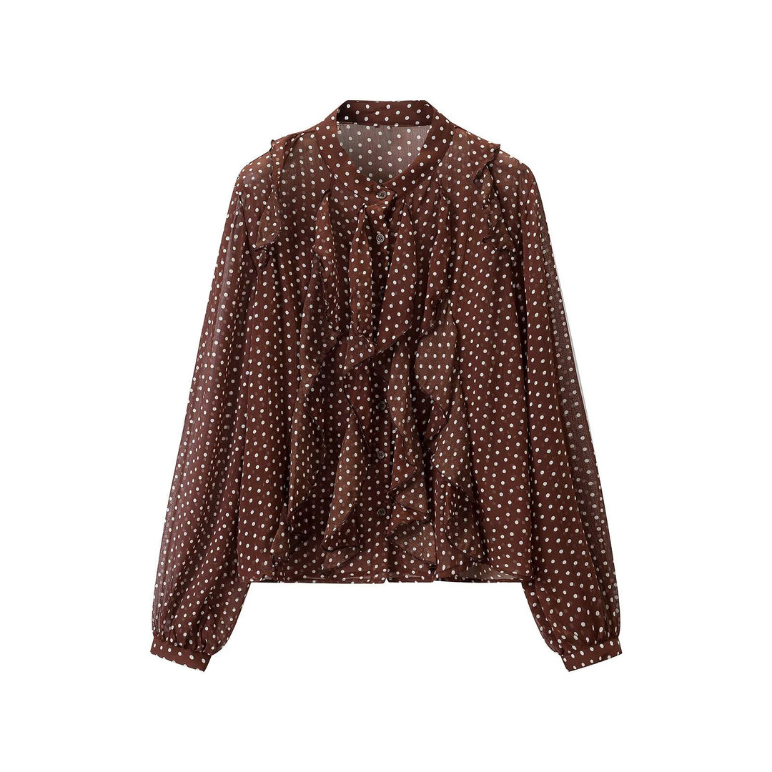 Women's semi-transparent chiffon blouse with dots, ruffle details and bow collar Mune Fashion