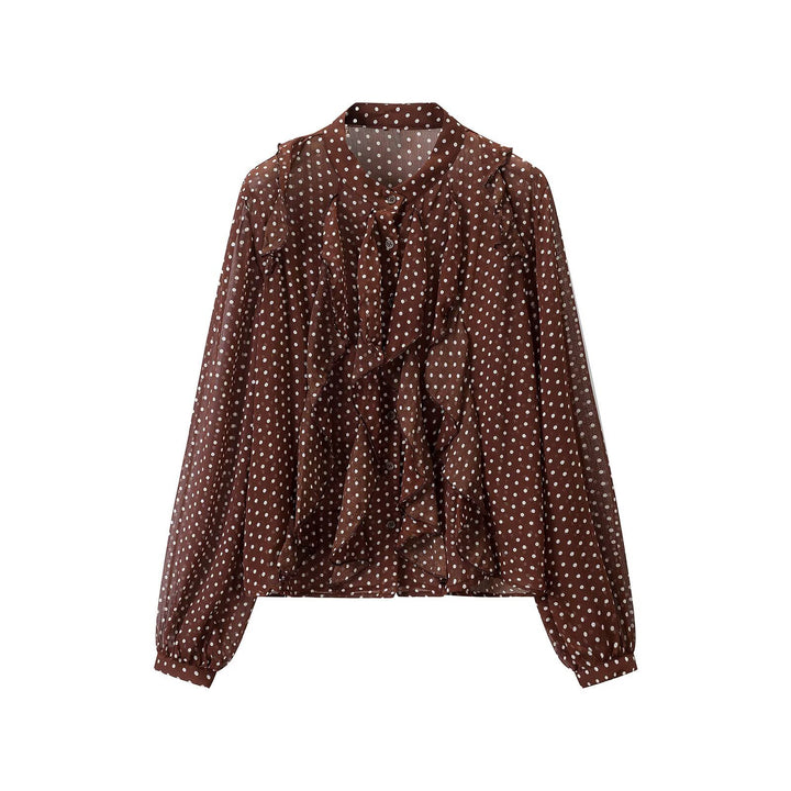 Women's semi-transparent chiffon blouse with dots, ruffle details and bow collar Mune Fashion