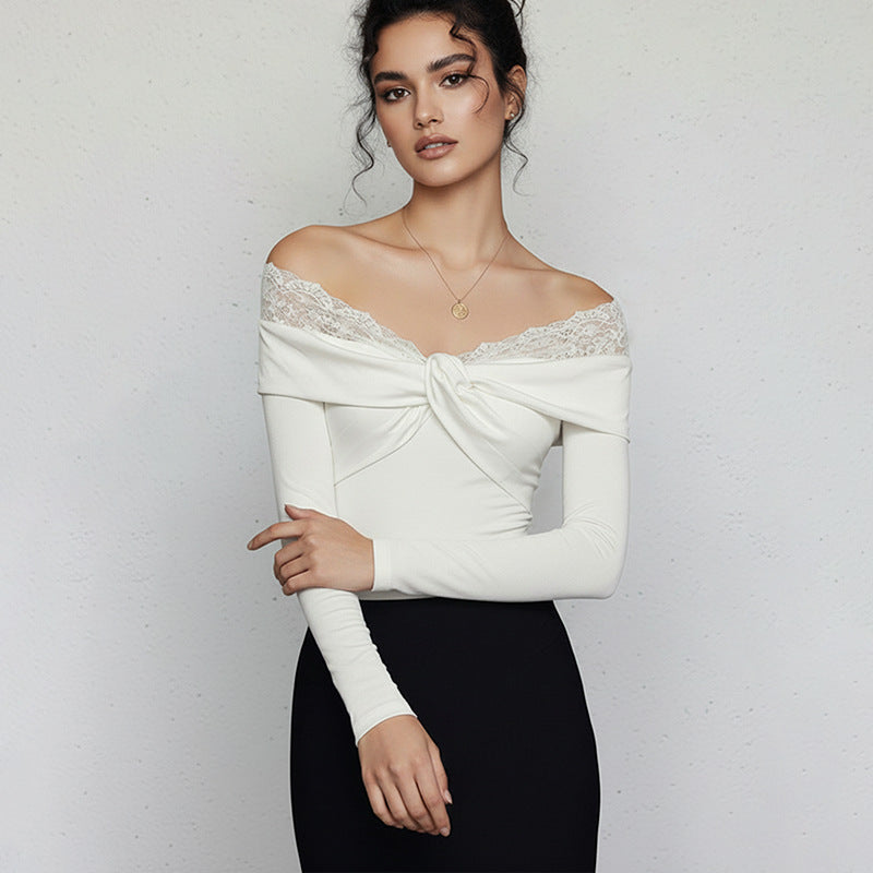 Ladies Elegant Bodysuit with Lace Collar Mune Fashion