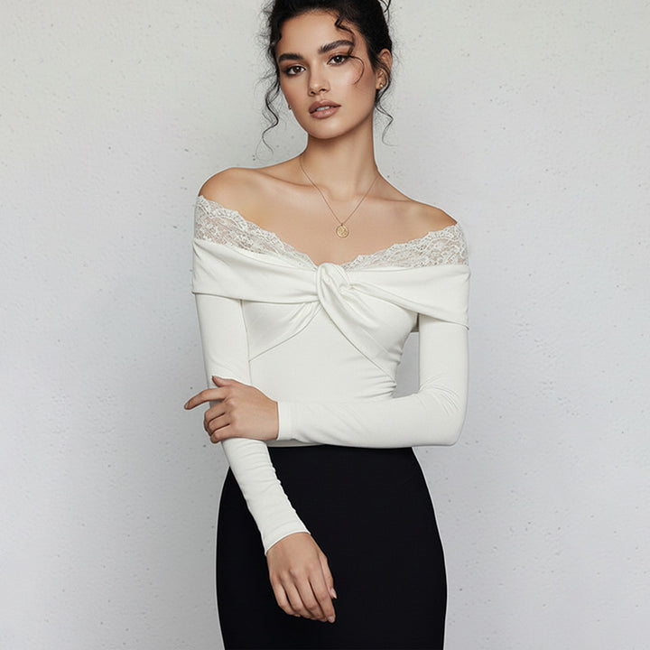 Ladies Elegant Bodysuit with Lace Collar Mune Fashion