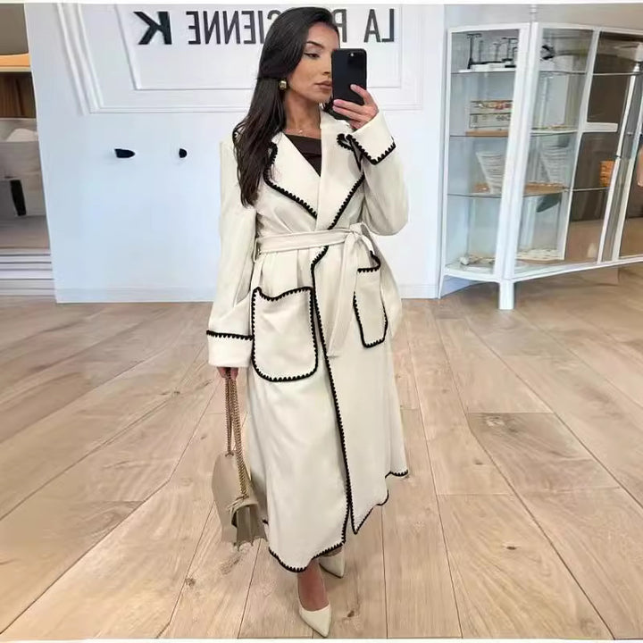 Women’s wrap coat made of wool blend with scalloped trim and tie belt Mune Fashion
