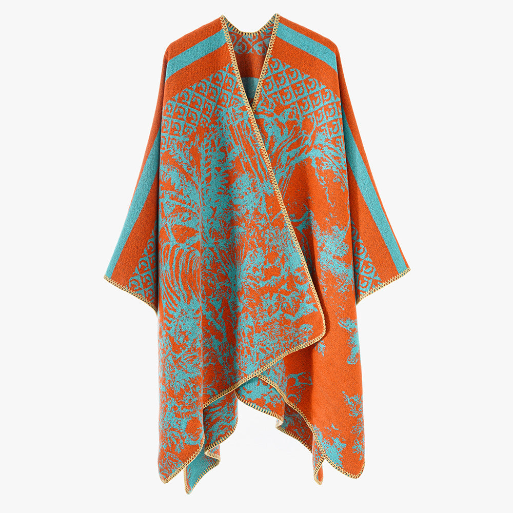 Women's Luxurious Jacquard Pattern Poncho with Asymmetrical Pointed Hem