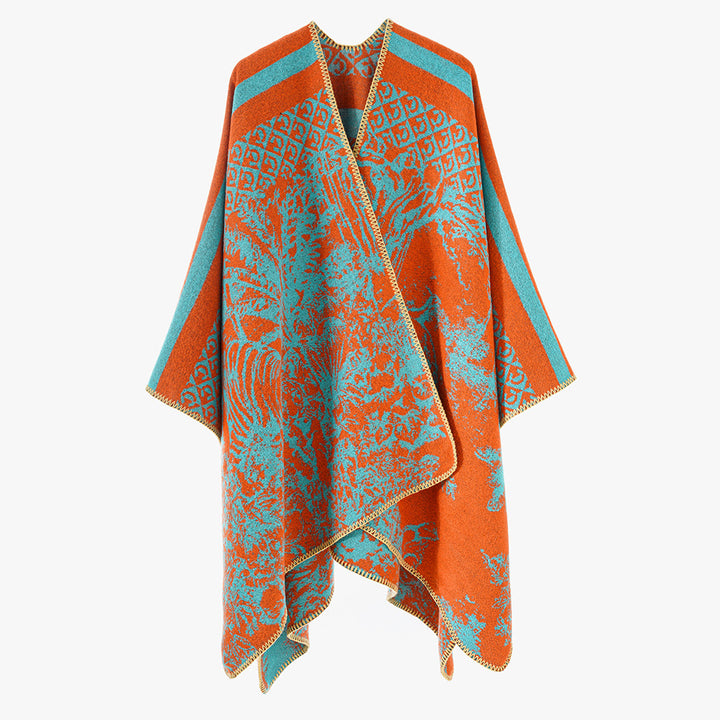 Women's Luxurious Jacquard Pattern Poncho with Asymmetrical Pointed Hem