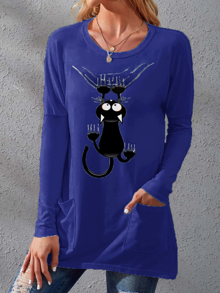 Women’s Longer Cotton Blend Tunic Shirt with Cartoon Cat Print and Side Pockets Mune Fashion