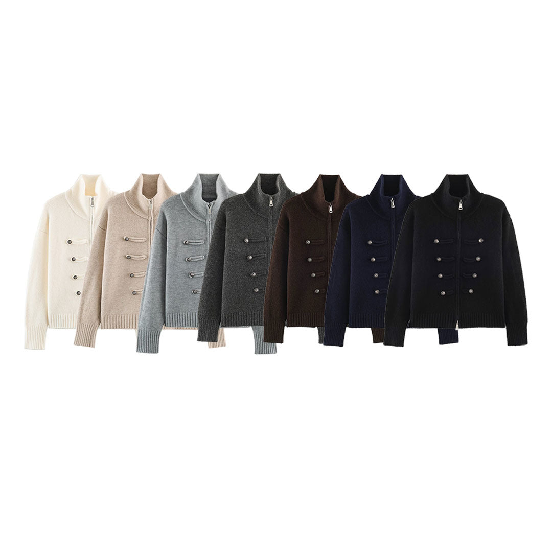 Women's cardigan with zipper, high stand-up collar, and decorative button plackets Mune Fashion
