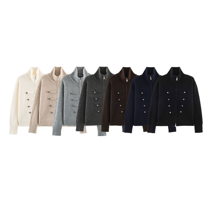 Women's cardigan with zipper, high stand-up collar, and decorative button plackets Mune Fashion